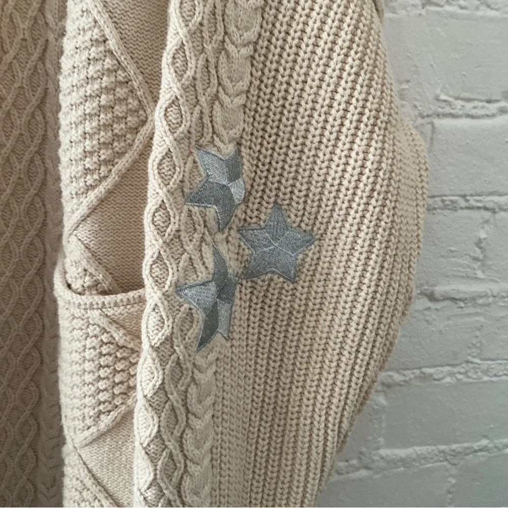 Altar’d State Oversized Cable Knit Cardigan Varsity Sweater Beige Star Patches - Picture 5 of 14